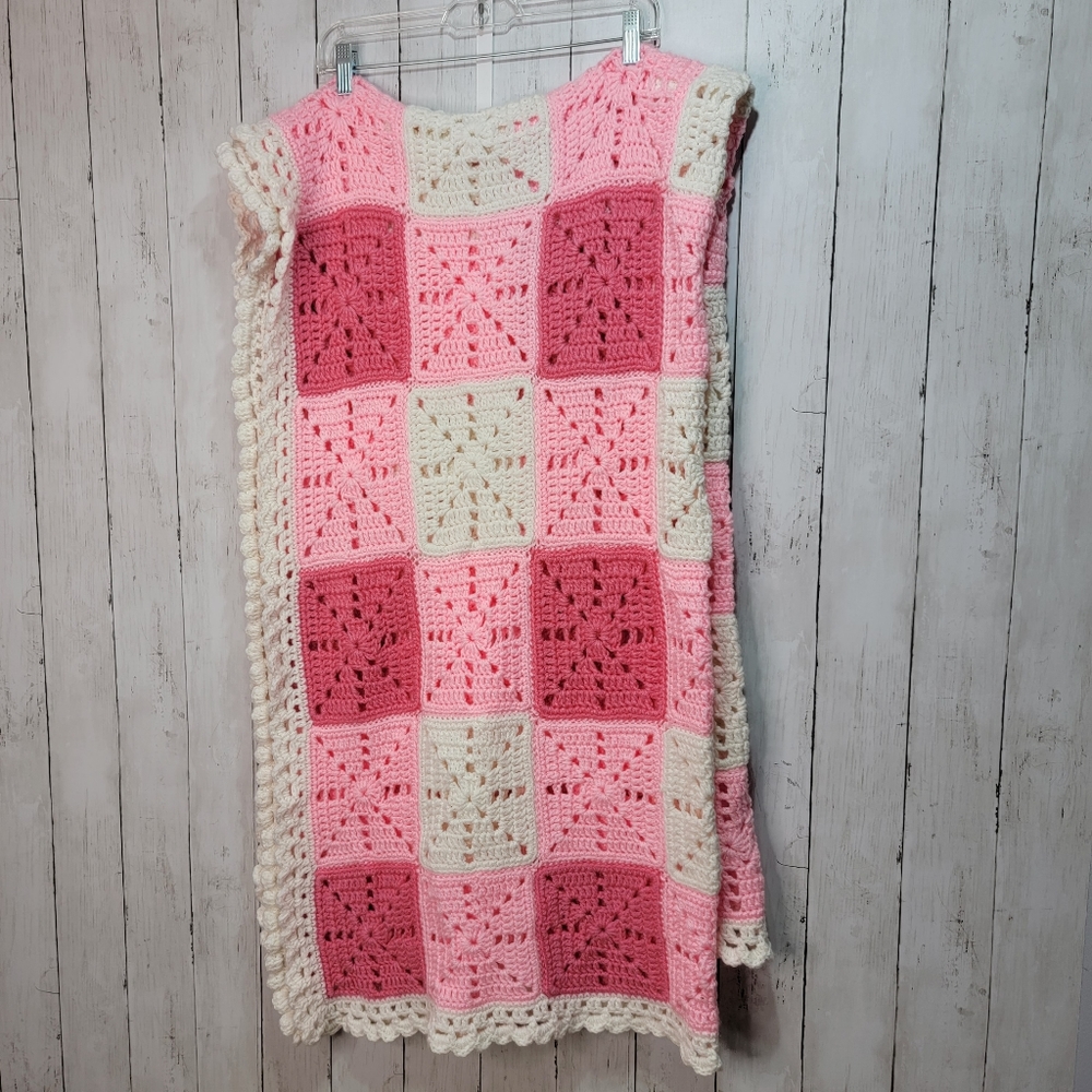 Handmade Gingham Granny Square Afghan Blanket Pink White 54" X 80".